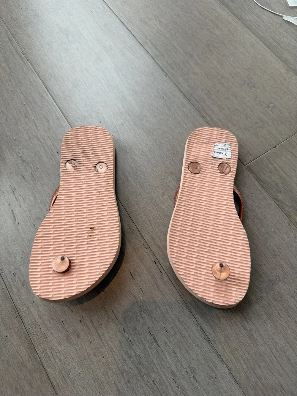 Havaianas Pale Pink Flip Flops with Tan Woven Cat&Jack Leather Sandals- size 11c